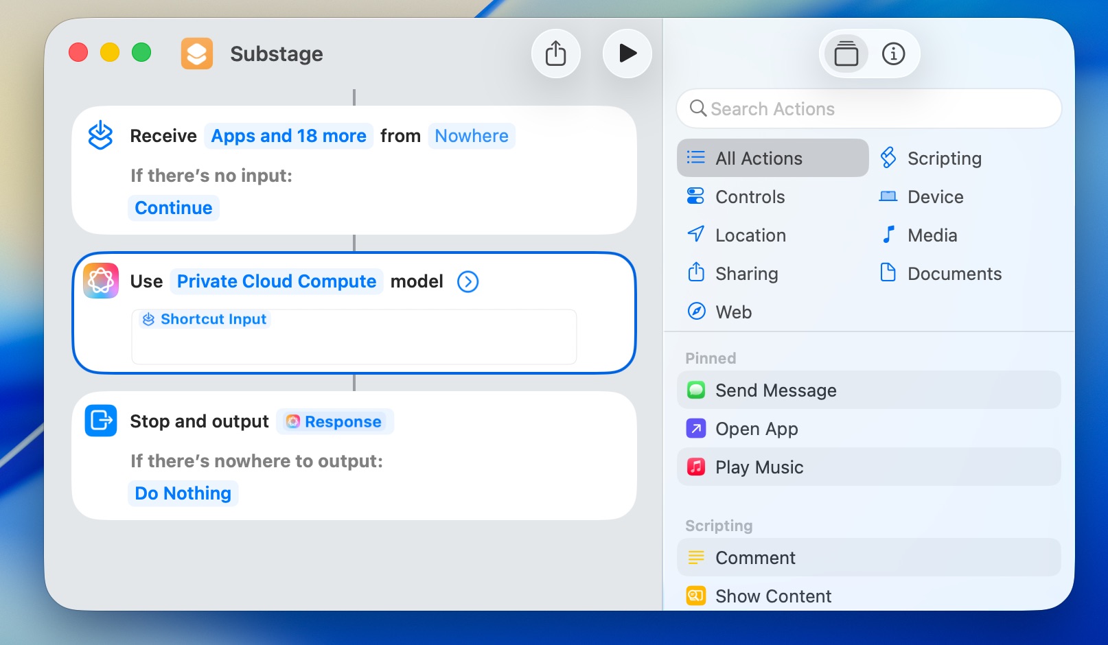 Screenshot of the simple Private Cloud Compute Shortcut